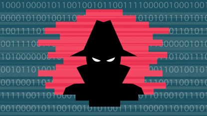 Hacker concept image showing a silhouetted person in a black hat with binary code in background. 