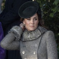 Kate Middleton in a gray Catherine Walker coat on Christmas Day 2019.