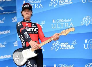 Daniel Oss celebrates his king of the mountain jersey with his guitar in 2015 Amgen Tour of California