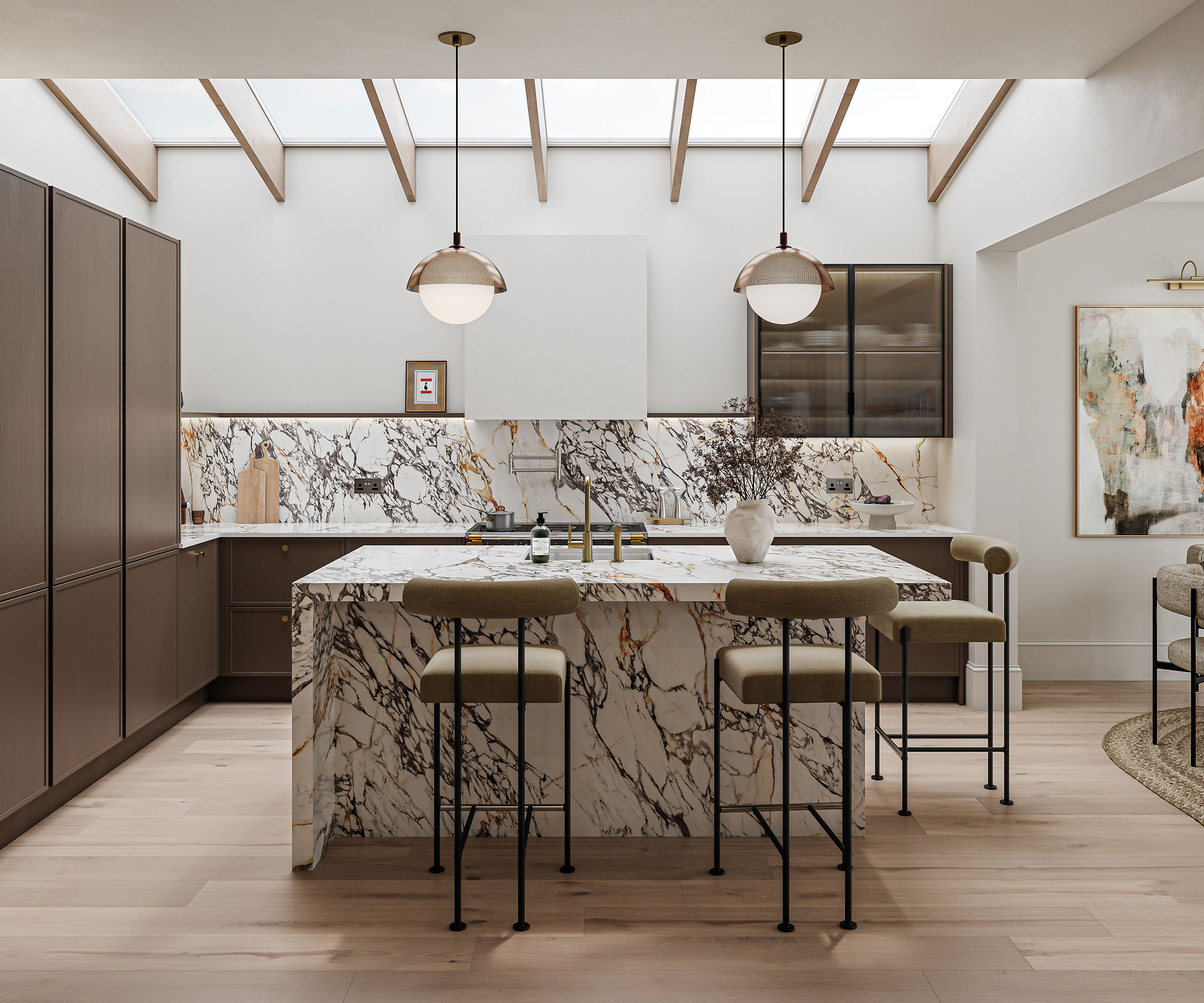 brown kitchen with marble kitchen island and splashback with glass ceiling with wooden louvres
