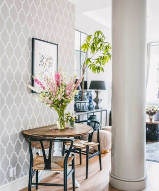 gray trellis wallpaper drop leaf table by pillar