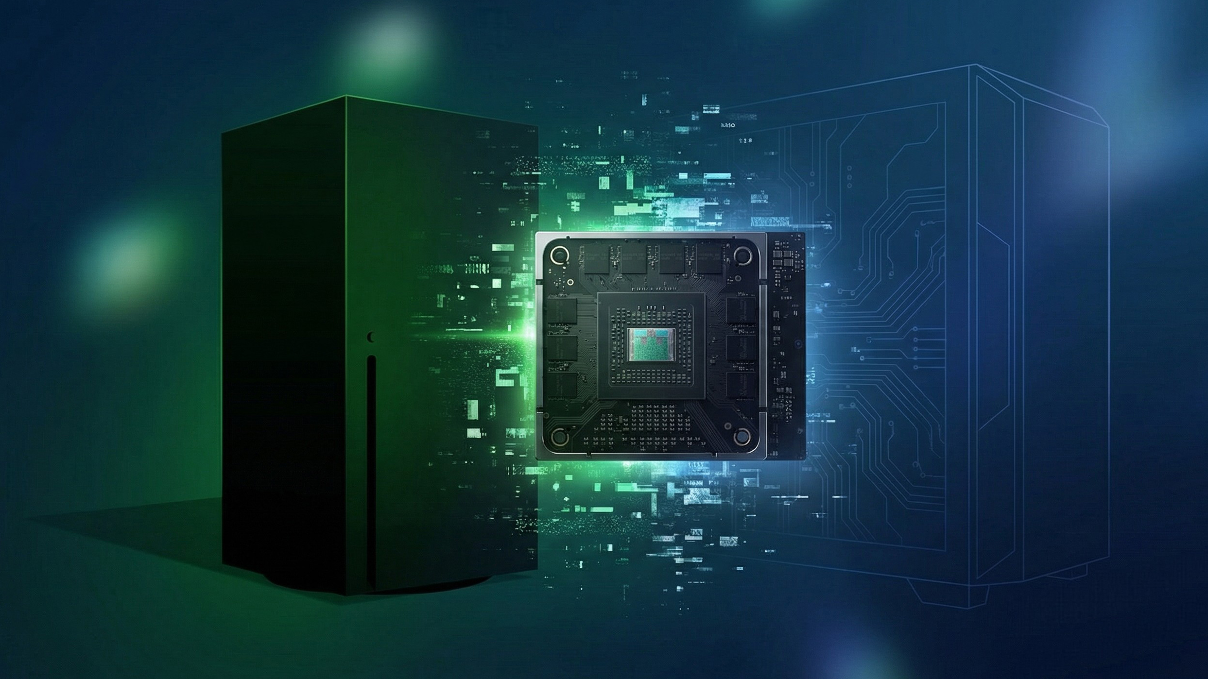 Mockups showing a divide between PC and gaming console dissolving around a chip.