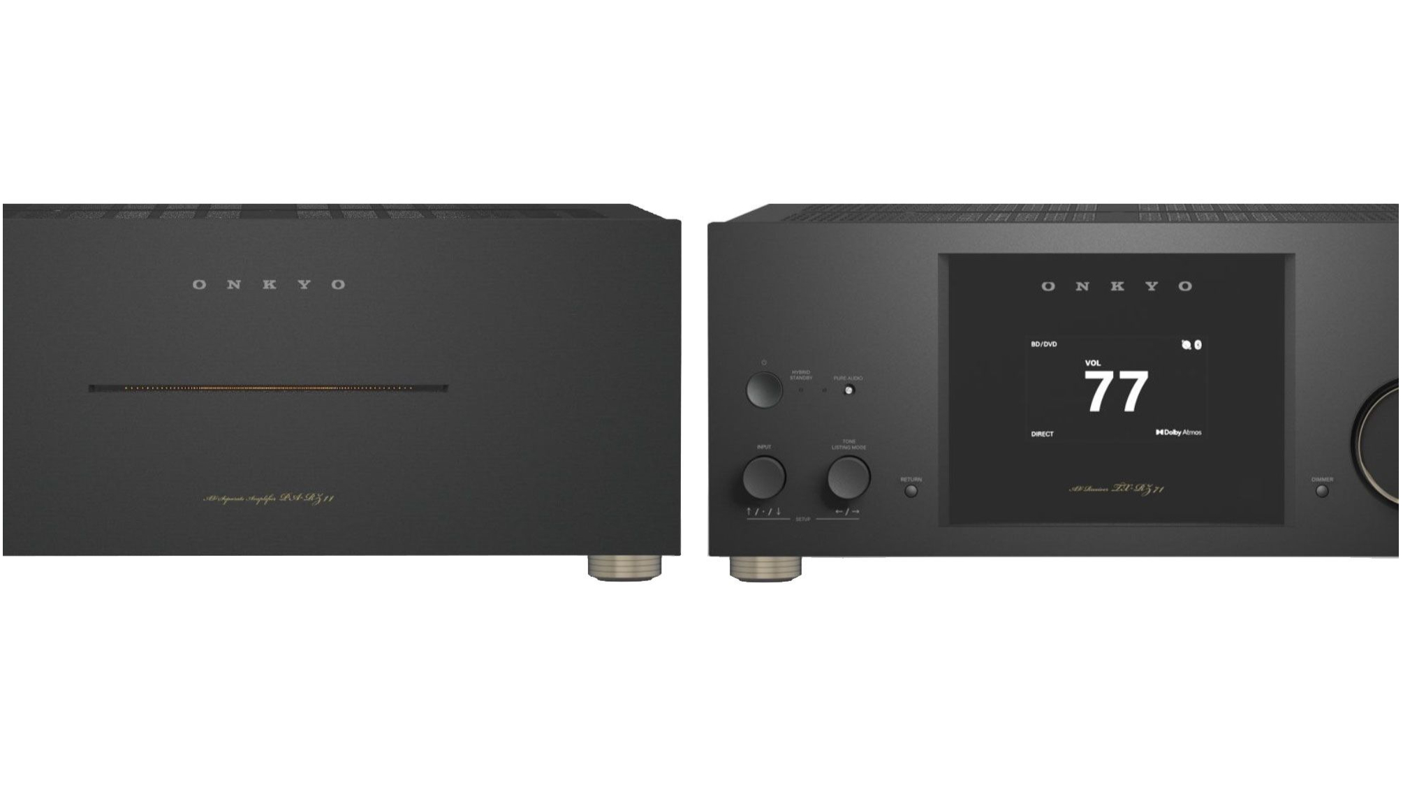 Two Onkyo AVR models on a white background.