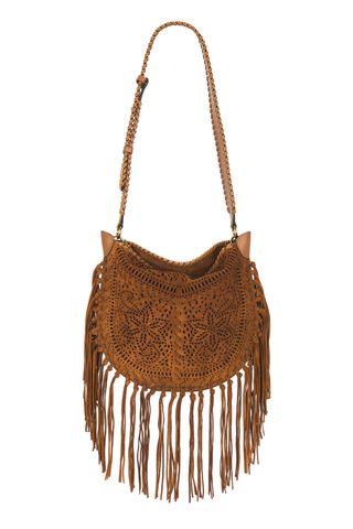 Isabel Marant Oskan Fringed Leather-Trimmed Perforated Suede Shoulder Bag