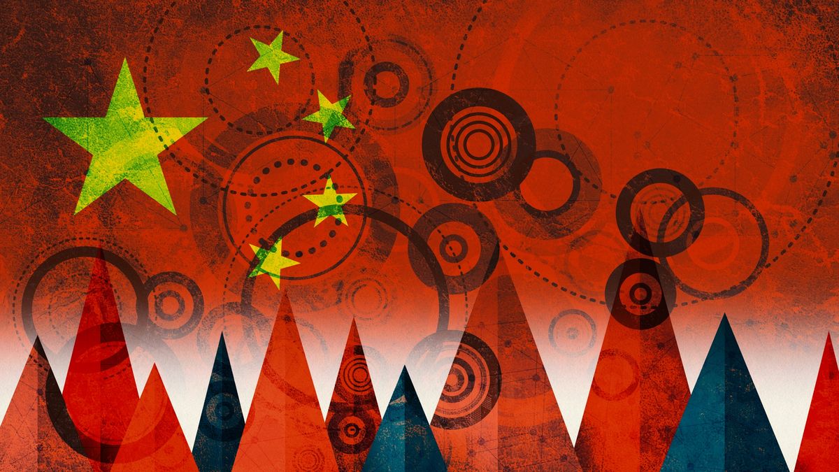 Graphic with several objects including circles overlaid on the Chinese flag