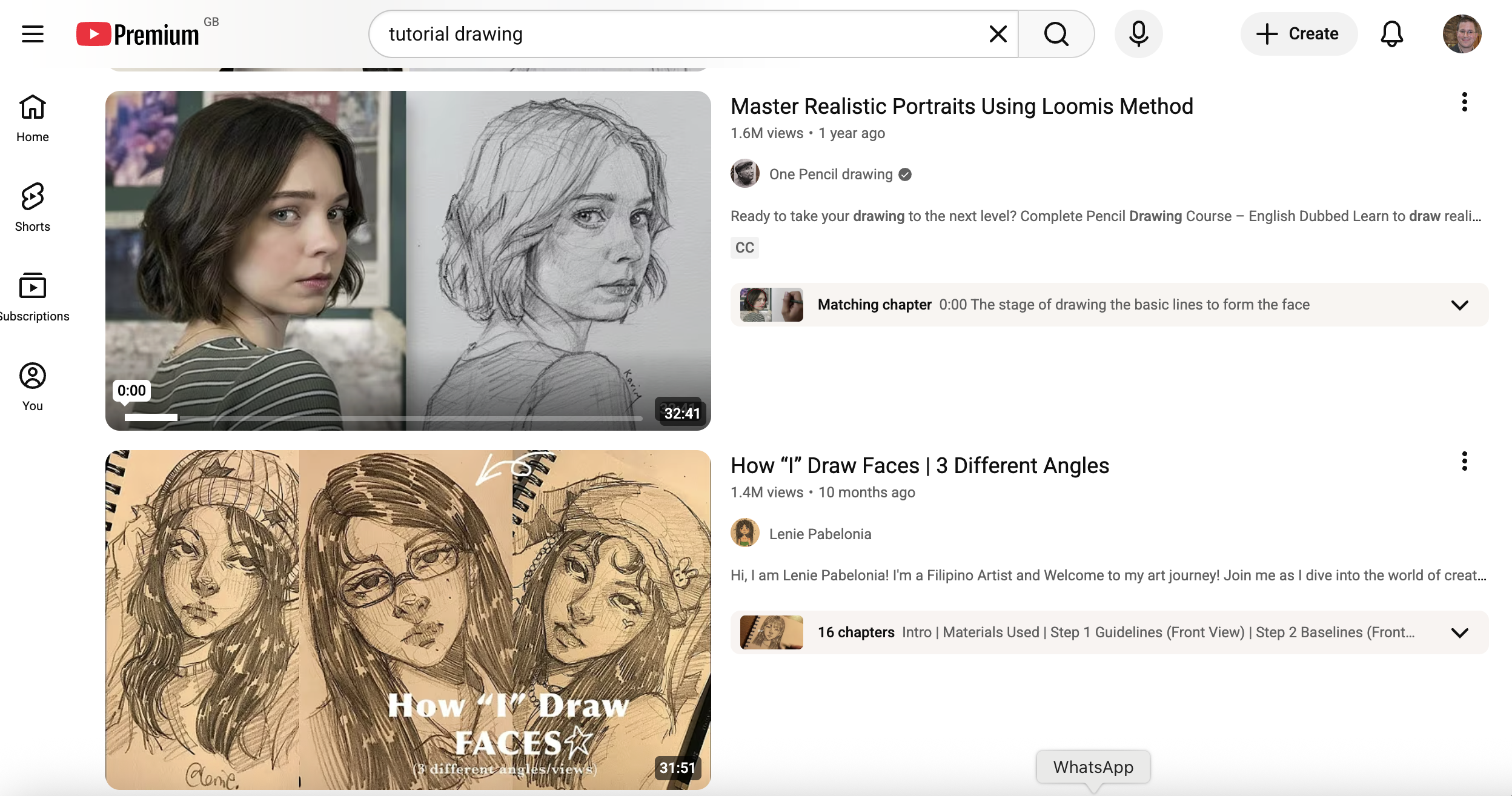 The image shows search results for drawing tutorials on YouTube, featuring two popular videos: Master Realistic Portraits Using Loomis Method on the channel One Pencil drawing and How &amp;ldquo;I&amp;rdquo; Draw Faces | 3 Different Angles by Lenie Pabelonia