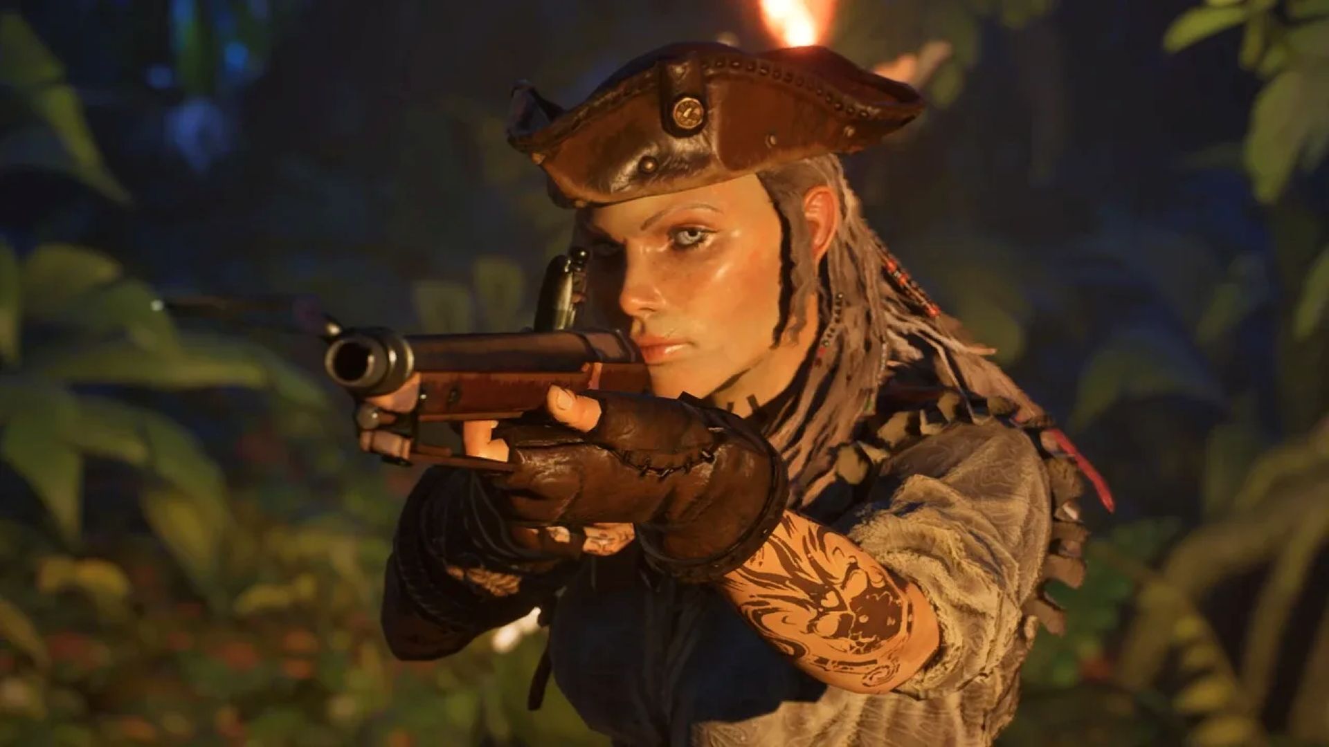 Screenshot from Windrose, showing a pirate aiming down the sights of her rifle while standing in front of tropical trees.