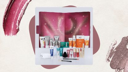 No7 Beauty Advent Calendar 2026 on a beige background with a mauve circle detail, burgundy lip gloss and mauve metallic eyeshadow swatch