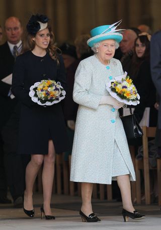 Princess Beatrice and Queen Elizabeth II leave York Minster on April 5, 2012.