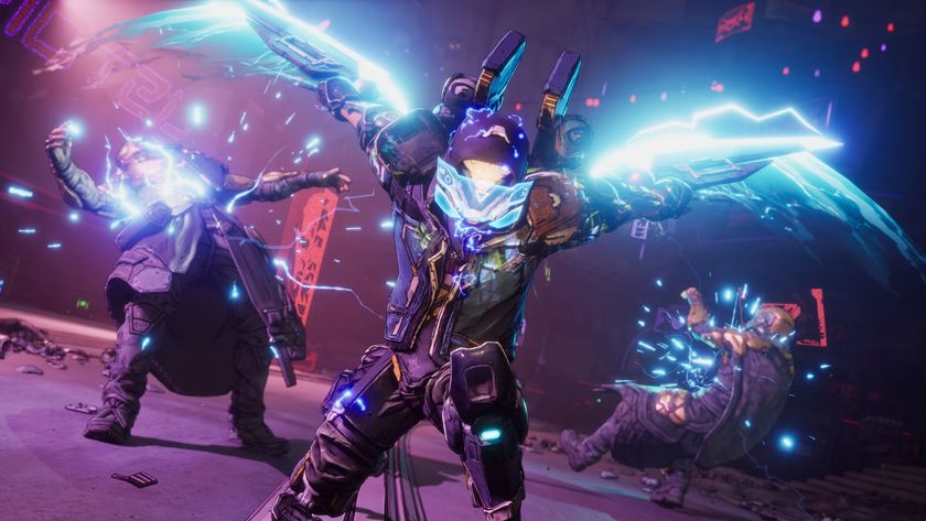 Borderlands 4 Rafa builds: An almost full-body shot of Rafa with his arms raised behind his back holding Arc-Knives after dashing through two enemies, which can be seen falling to the ground behind him.