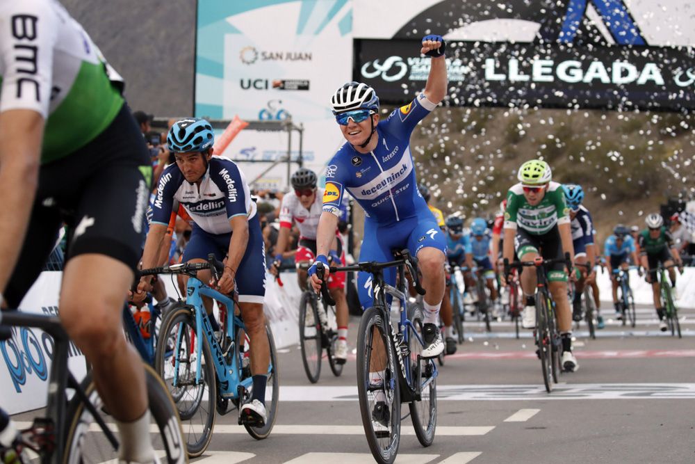 Remco Evenepoel (Deceuninck-QuickStep) celebrates Alaphilippe's win
