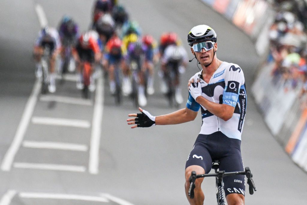 Movistar Team rider Javier Romo Oliver from Spain reacts after winning stage 3 of the Tour Down Under cycling race in Adelaide on January 23, 2025. (Photo by Brenton Edwards / AFP)