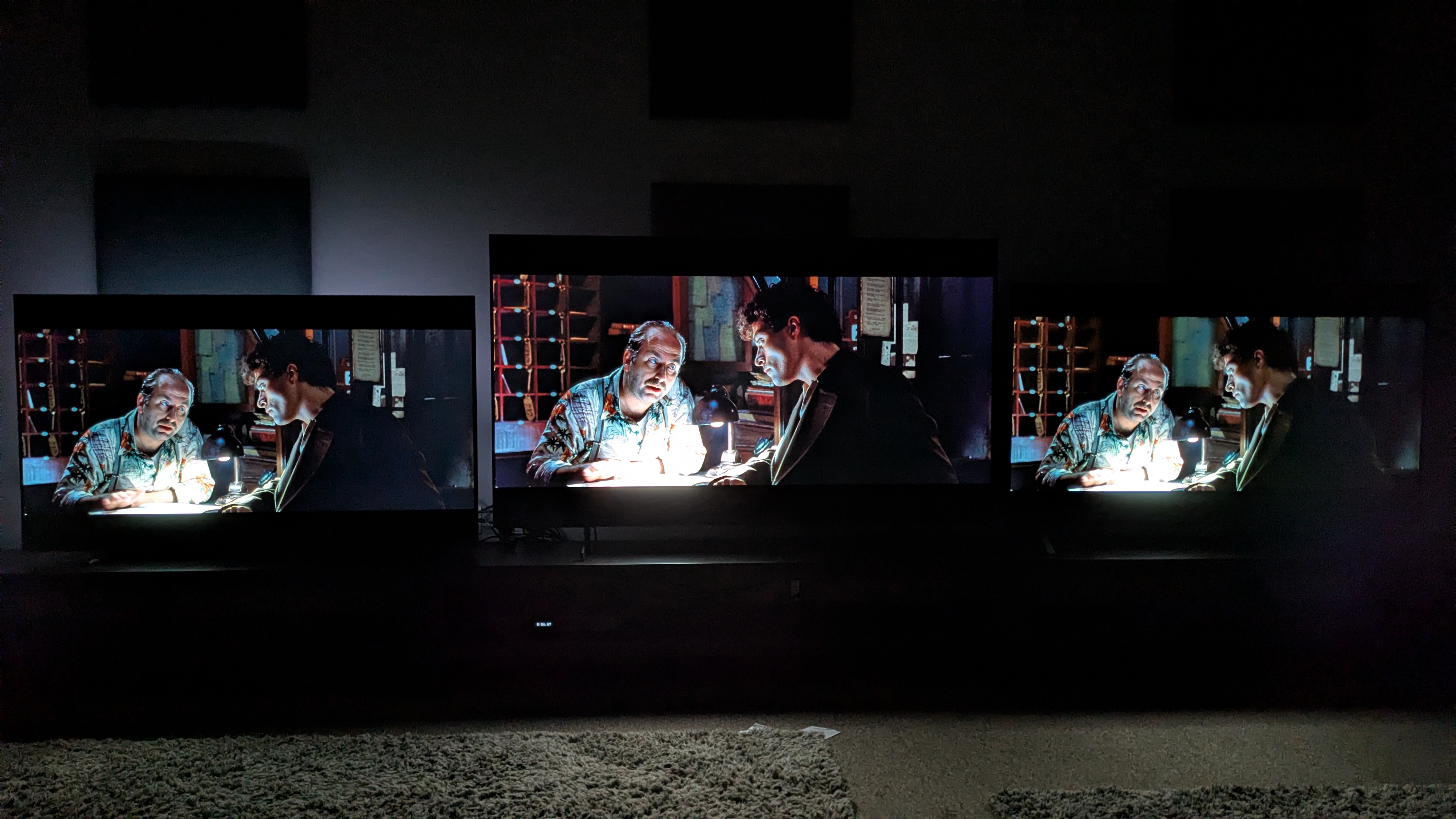 Philips OLED760 vs Samsung S85F vs LG B5 showing scene from Dark City on screen