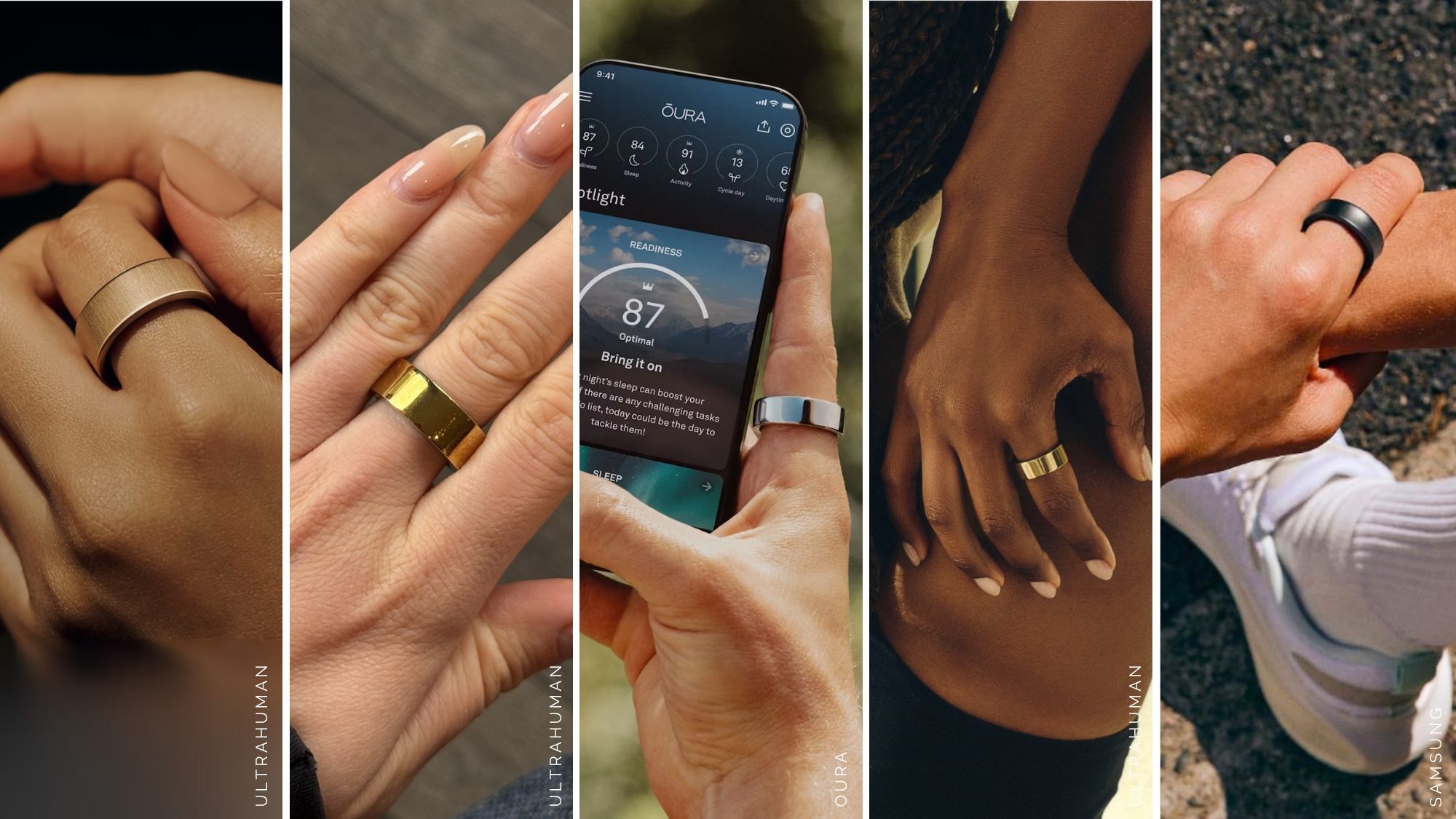 composite of fitness rings from Ultrahuman/Oura/Samsung