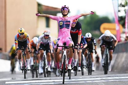 BUJA, ITALY - JUNE 01: Elisa Balsamo of Italy and Team Lidl - Trek - Pink Leader Jersey celebrates at finish line as stage winner during the 37th Giro d'Italia Women 2026, Stage 3 a 156km stage from Bibione to Buja / #UCIWWT / on June 01, 2026 in Buja, Italy. (Photo by Luc Claessen/Getty Images)