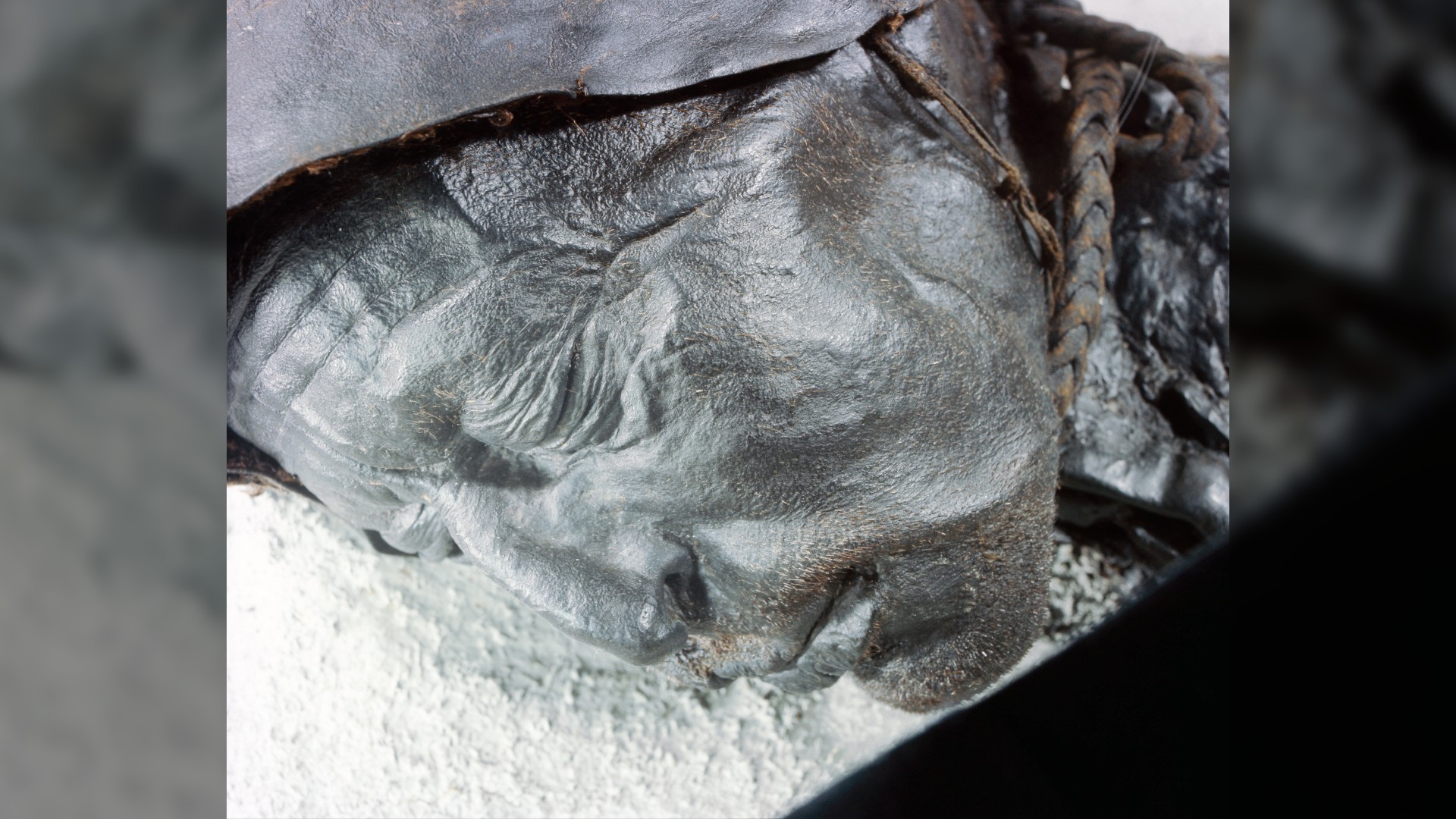 Close up of the mummified Tollund man's face.