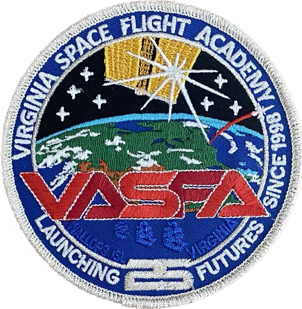 a mission patch showing a spacecraft above earth