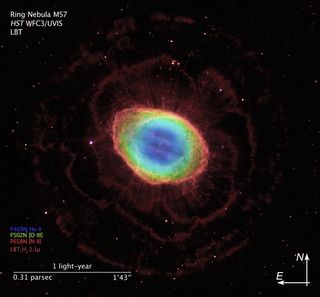 Compass and Scale Image for Ring Nebula (HST and LBT)