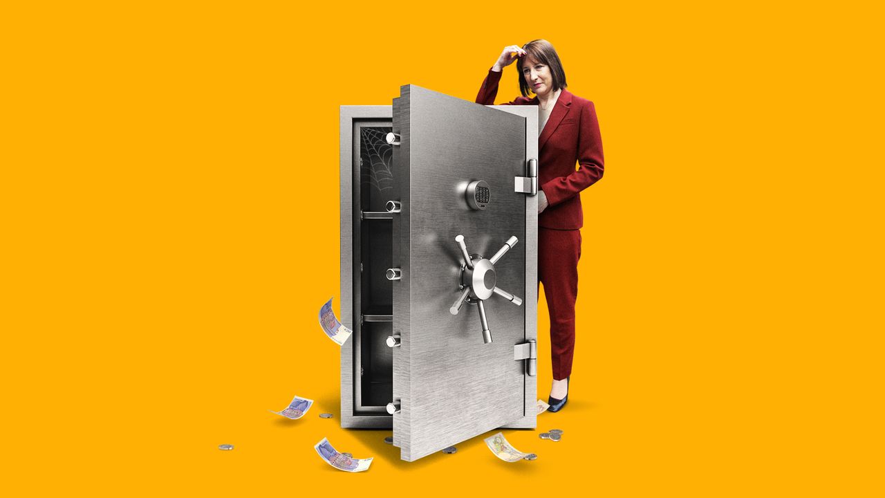 Illustration of Rachel Reeves standing behind an empty safe