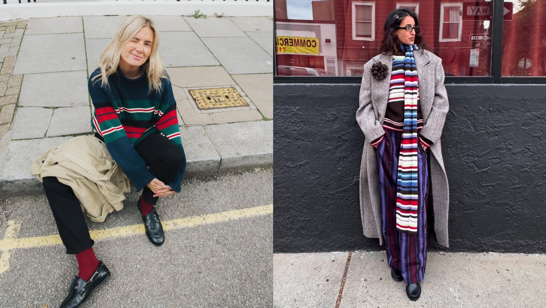 Lucy Williams and Anaa Saber in striped sweaters.