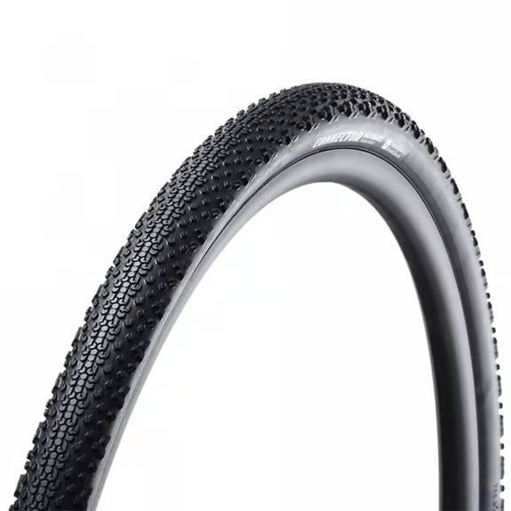 A black bicycle tyre on a white background