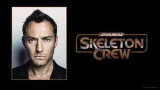 A screenshot of Jude Law's headshot alongside the logo for Star Wars' Skeleton Crew TV show