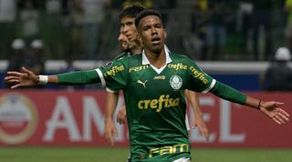 Estevao Willian celebrates a goal for Palmeiras against Uruguayan side Liverpool in the Copa Libertadores in April 2024.