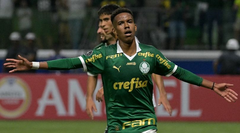 Estevao Willian, who has been linked with Chelsea, celebrates a goal for Palmeiras against Uruguayan side Liverpool in the Copa Libertadores in April 2024.