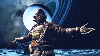 Starfield — a spacesuit-wearing character gestures broadly with arms spread open on an empty lunar surface. A blue, ringed world is visible in the sky behind