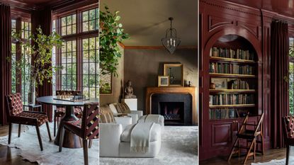 Three images of color drenched, moody spaces designed by Marie Flanigan Interiors