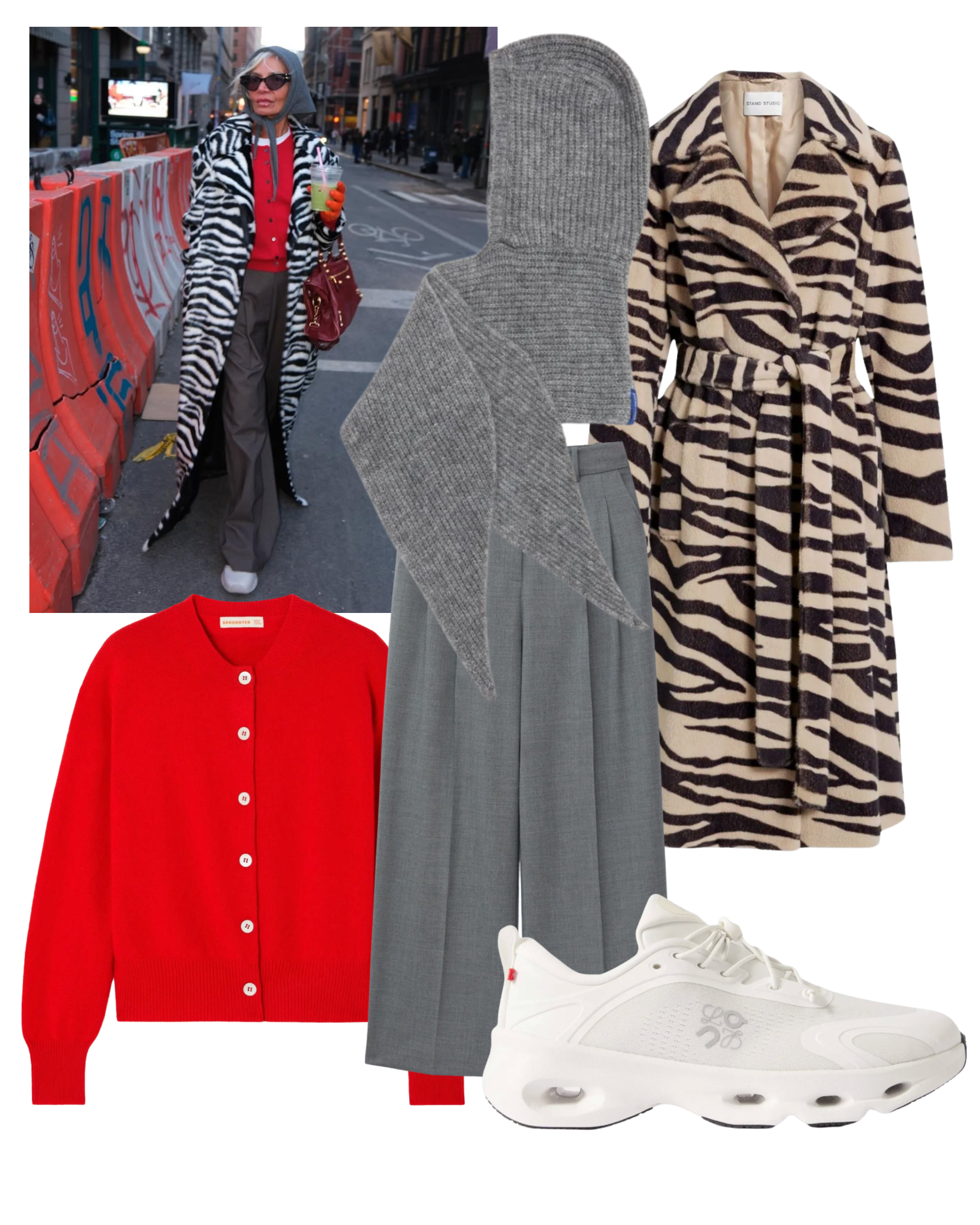 @greceghanem wears red cardigan zebra coat