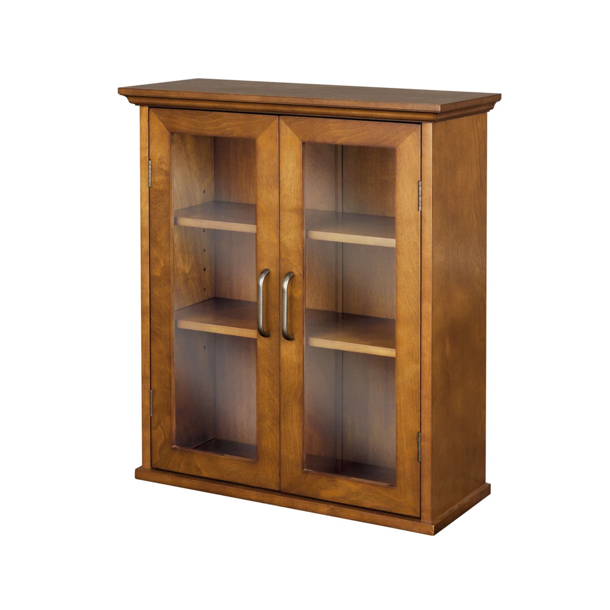 Warm wood cabinet with glass panels and silver handles