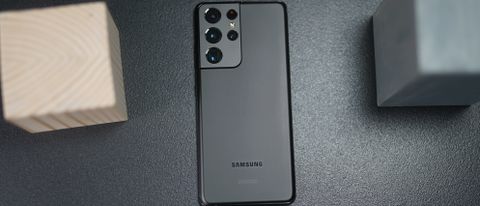 The Samsung Galaxy S21 Ultra laying flat on a surface