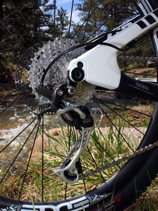 The new Shimano Deore XT Dyna-Sys rear derailleur is mounted to a stout replaceable hanger