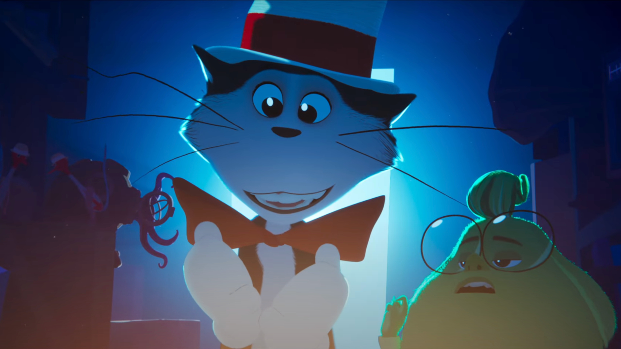 The Cat and his colleague stand in front of a glowing box in The Cat in the Hat.