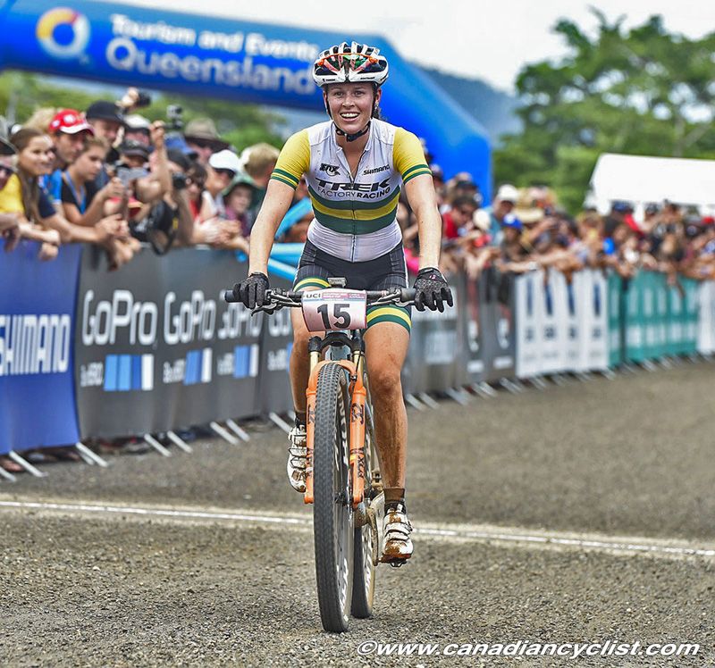 BIG smile on Rebecca Henderson (Trek Factory Racing XC) as she finishes 3rd