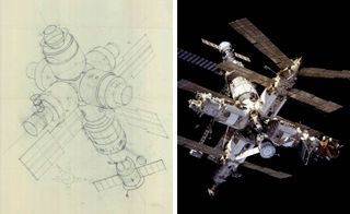 Left: design for the Mir space station, including modules. Right: Mir space station