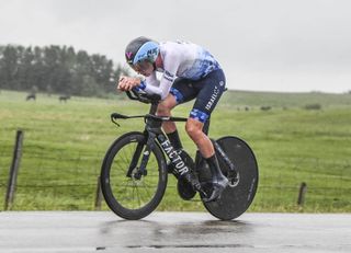Derek Gee (Israel Cycling Academy) at a wet Canadian Road Championships time trial in 2022