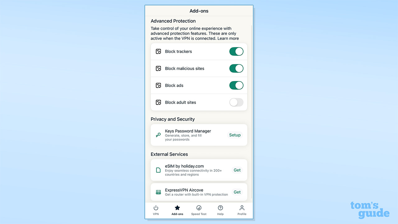 Screenshot of new ExpressVPN mobile app add-ons tab
