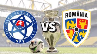 The Slovakia and Romania club badges on top of a photo of the Euro 2024 trophy and match ball