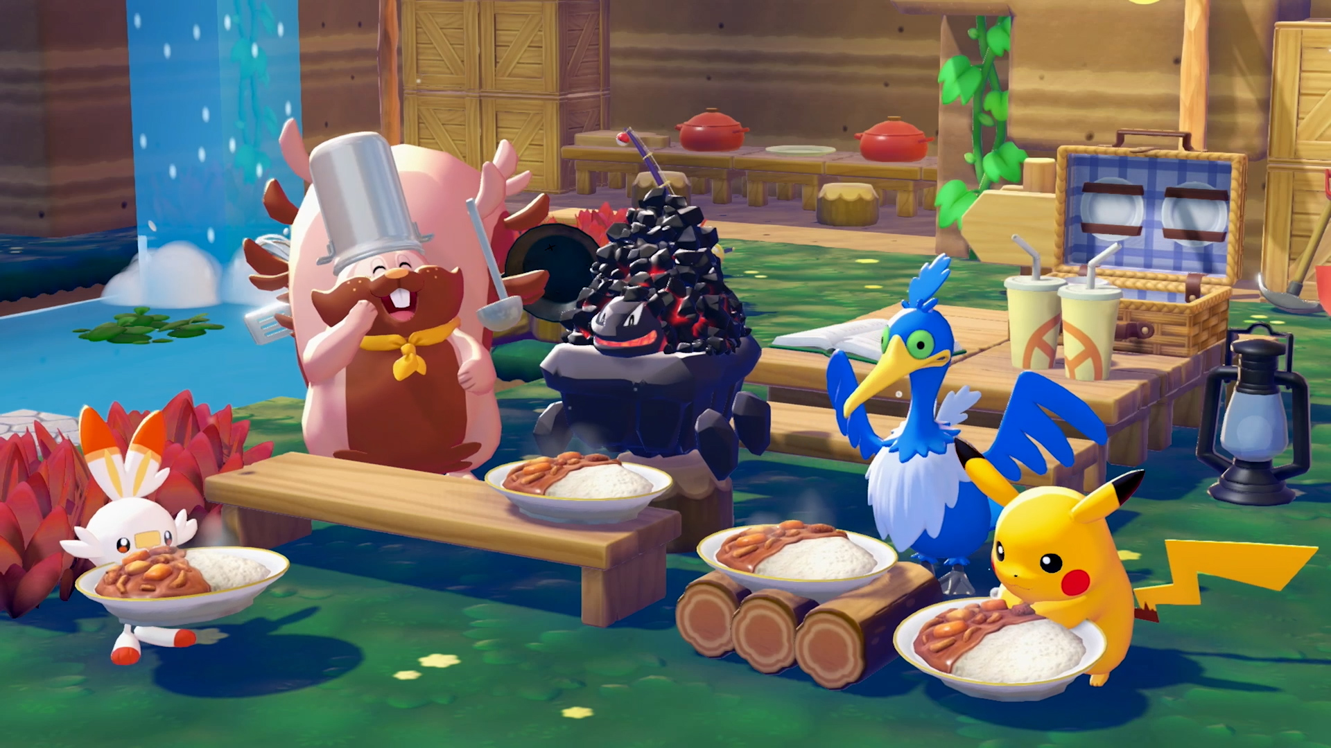 A group of Pok&amp;eacute;mon eating together in Pok&amp;eacute;mon Pokopia.