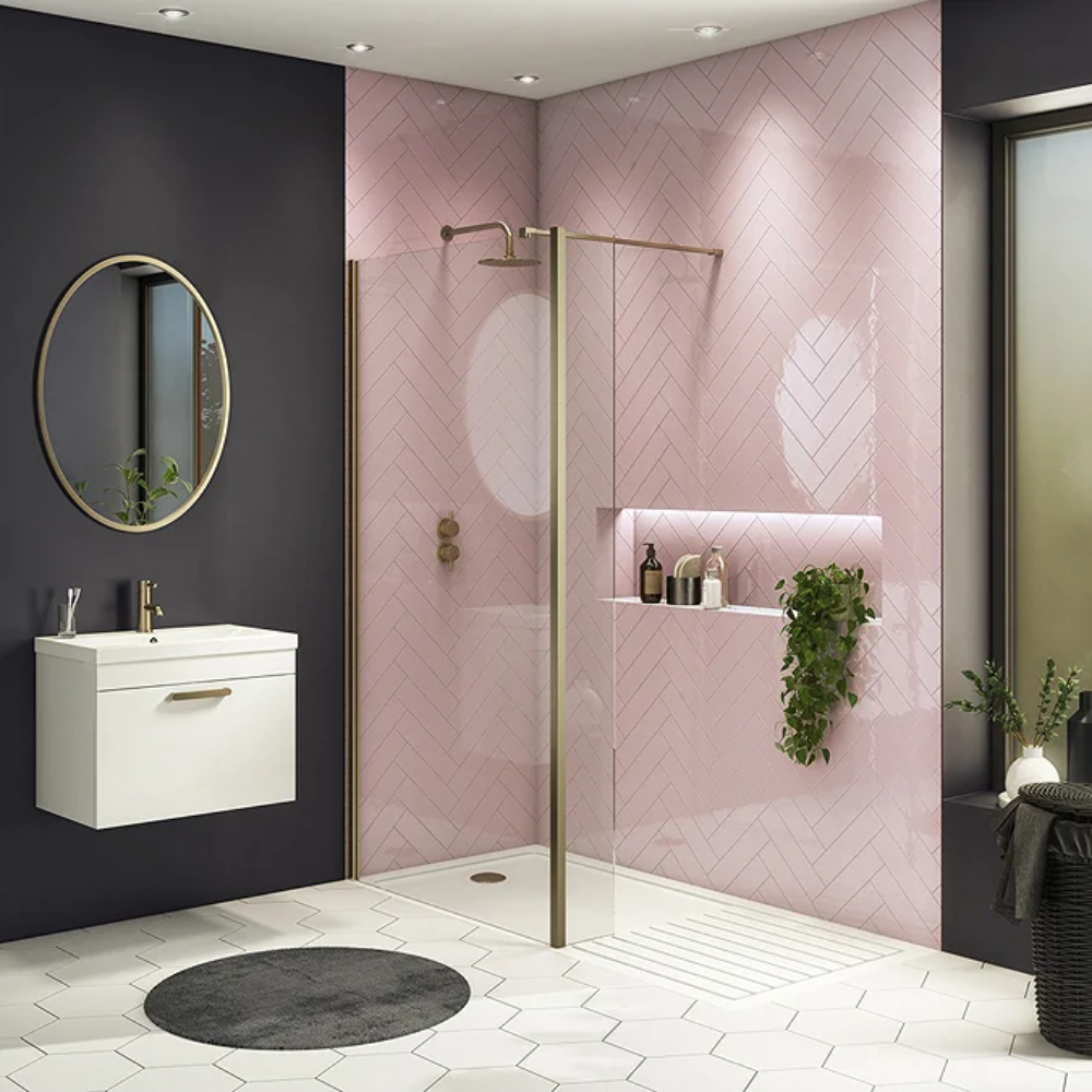 shower with pink tiles, chrome fittings, downlights, white tiled floor and grey painted wall