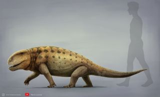 Artist illustration of Sphenacodon size comparison to human figure.