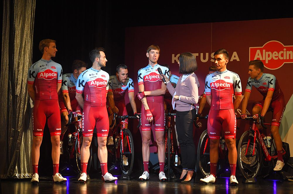 Ilnur Zakarin speaks at the Katusha-Alpecin team presentation