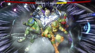 The four Ninja Turtles, back to back, slam their shells into Brainiac