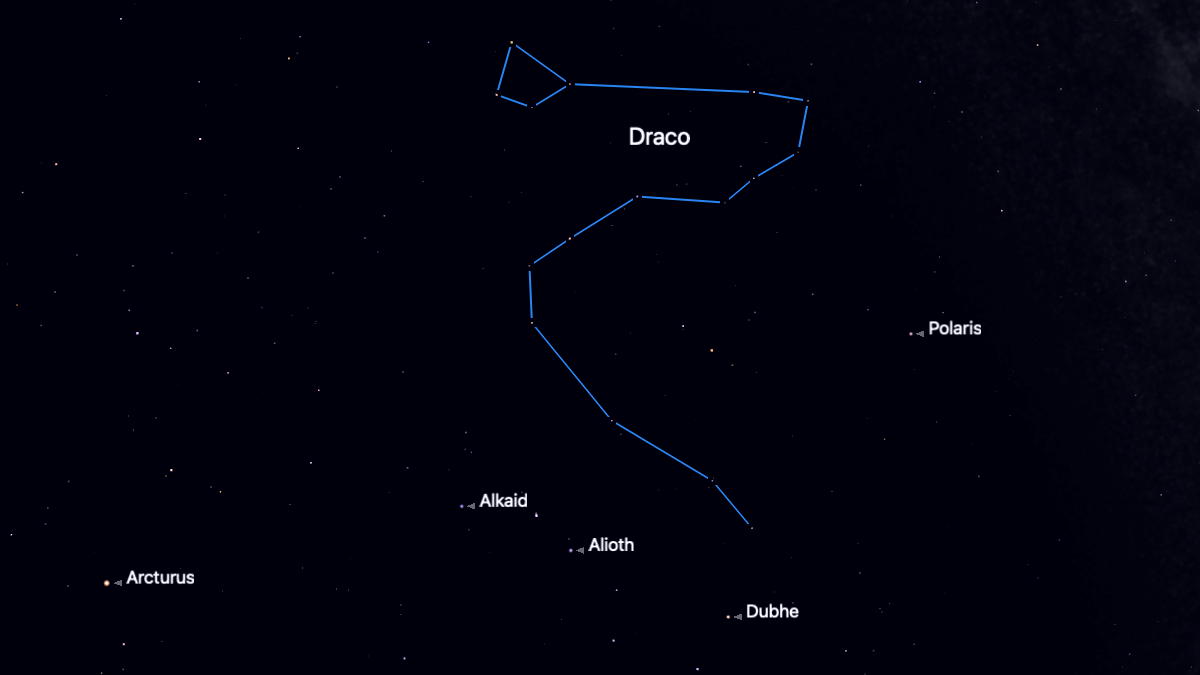 night sky map showing the location of draco constellation in the night sky