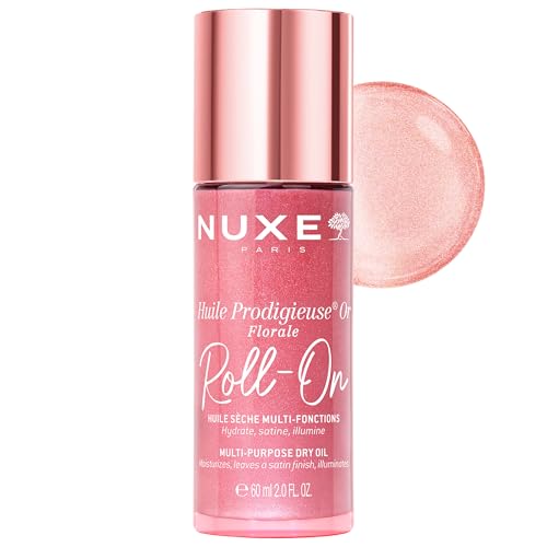 Nuxe Huile Prodigieuse Shimmer Body Oil Roll On, Floral Moisturizing, Fast Absorbing Shimmering Dry Oil for Face and Body With Light Reflecting Pearl Particles, 7 Botanical Oils, 2 Fl Oz