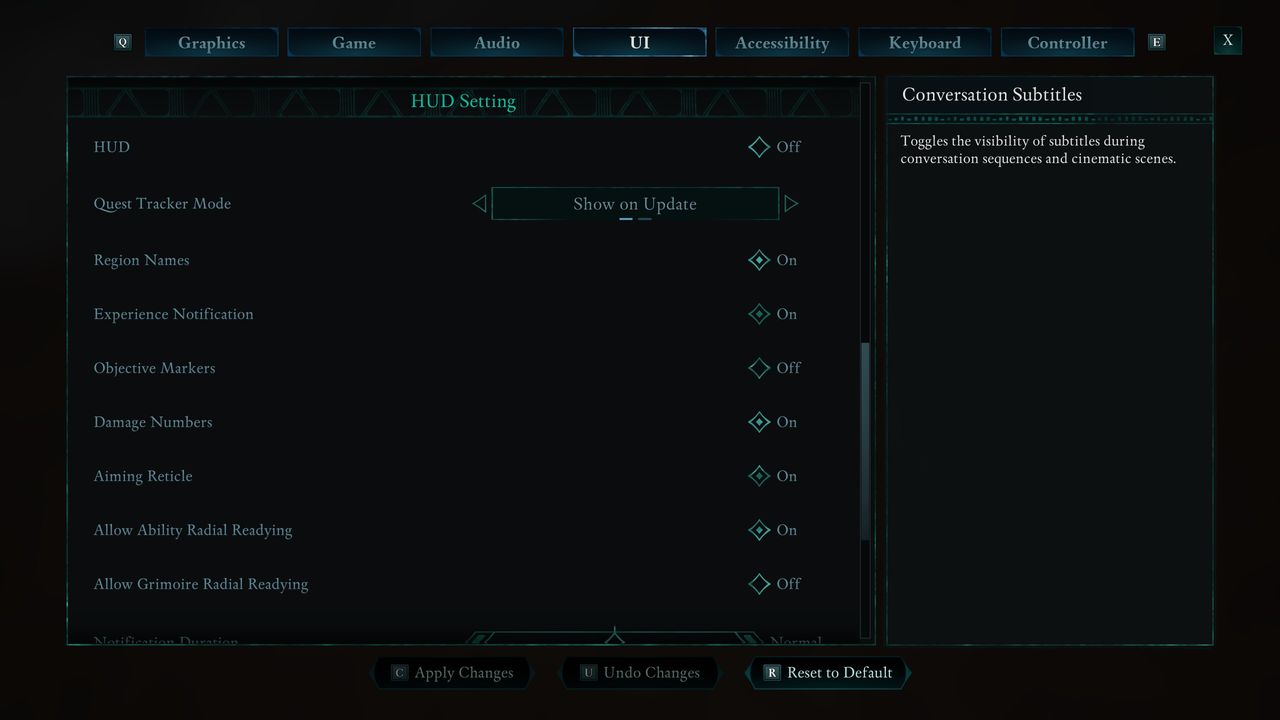 Avowed UI options menus