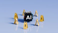 A box with the word "AI" on it surrounded by wet floor hazard signs, against a blue background.