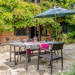 Outdoor dining table and chairs under umbrella by wall with creeper plants on